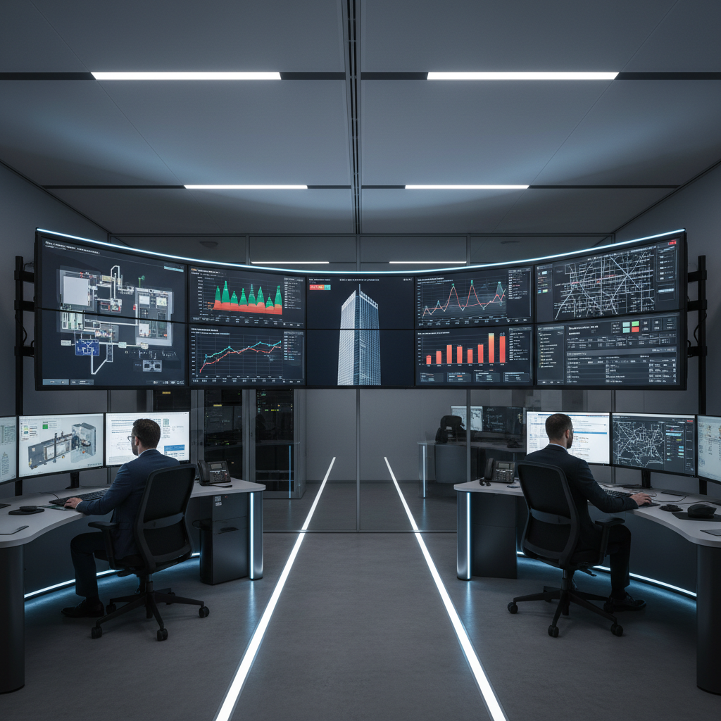 Modern building automation control room with multiple monitoring screens displaying energy consumption data and HVAC system status