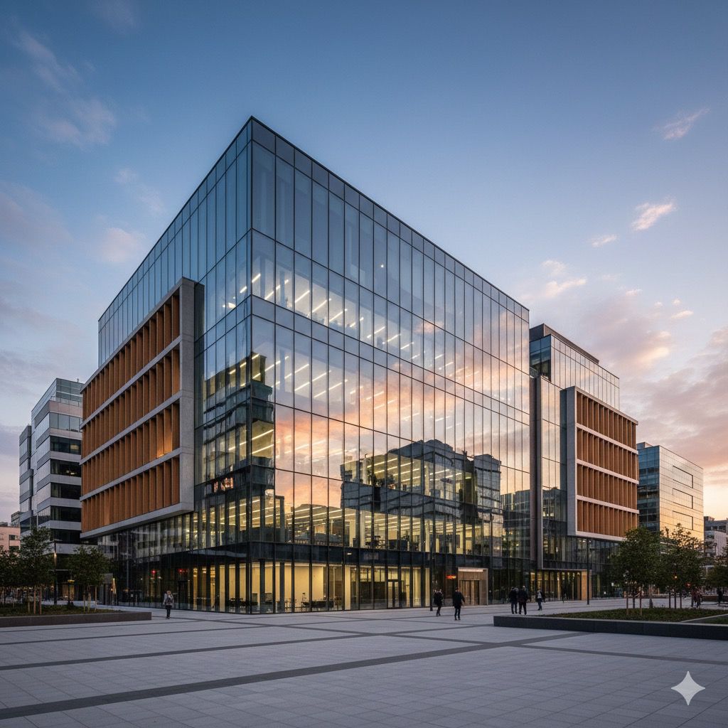Modern office building with glass facade and corporate entrance