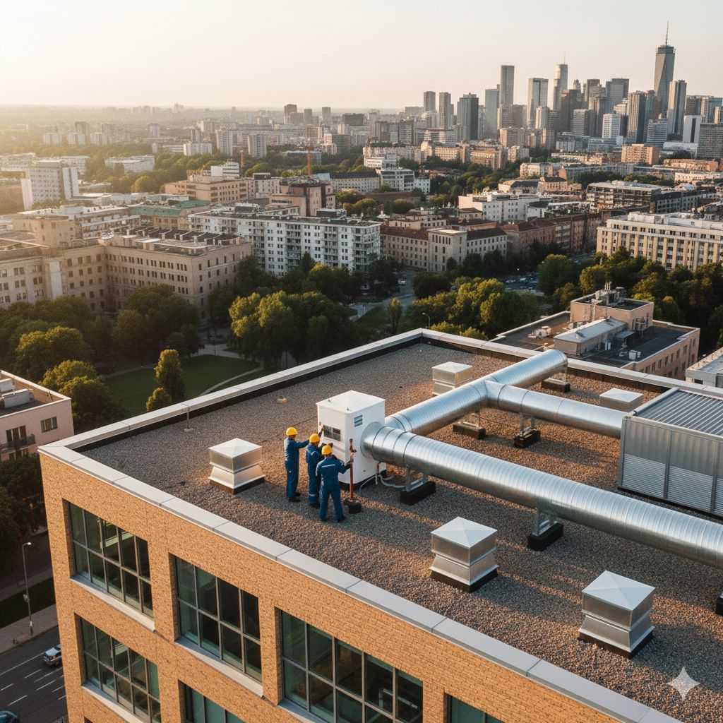 Caisson de VMC moderne installé sur toiture avec réseaux aérauliques